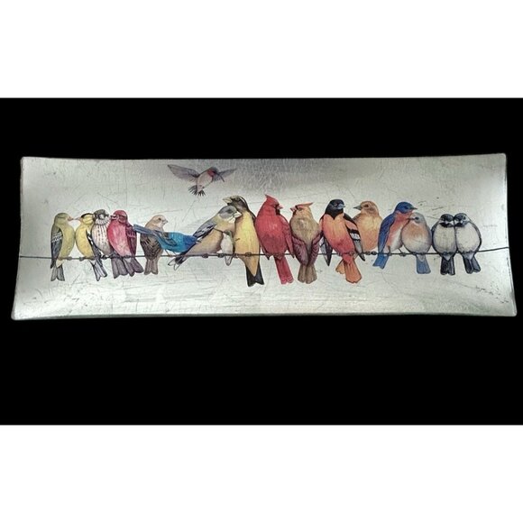 Vintage Birds of a Feather Metallic Back Painted Glass 18" Rectangle Server - Picture 5 of 7